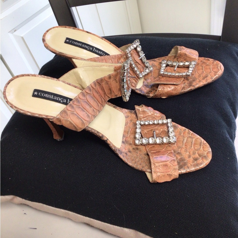 Constance Basto Textured Soft Leather Heeled Sandals with Crystal Buckle